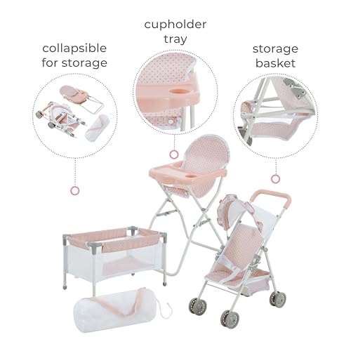 Olivia's Little World Polka Dot Princess Baby Doll 3pc Nursery Set - Crib, High Chair & Stroller, Pink & Gray by Olivia's Little World - Image 3