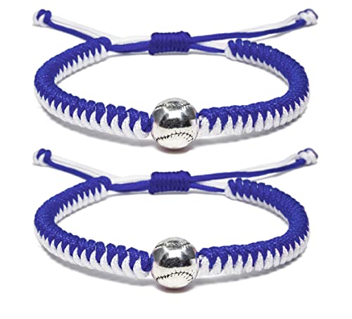 Handmade Braided Bracelets Baseball Gifts For Boys Adjustable Wristbands With Baseball Beads, Inspirational Baseball Bracelets For Girls Teens Adults (Blue 2Pcs) #TOP2