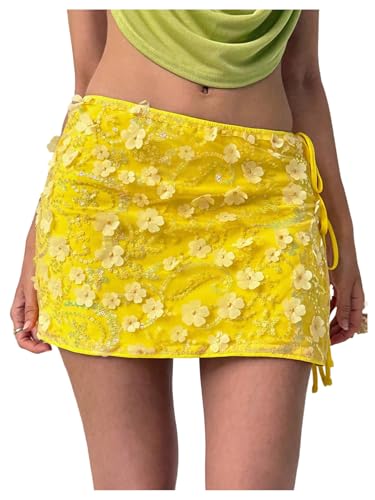 MakeMeChic Women's Mesh 3D Floral Mini Skirt Low Waist Sequin Tie Side Summer Skirts