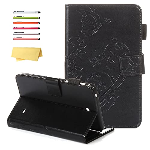 UUcovers Case for Samsung Galaxy Tab 4 7.0 (SM-T230/ T231/ T235) & Tab 4 7.0' Nook 2014 Cover SM-T230NU with Pencil Holder Pockets Embossed Flower PU Leather Folio Stand Cover, Black Butterfly Leaves