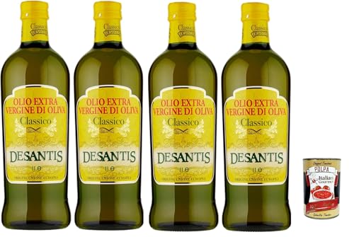 Desantis Olio Extra Vergine di Oliva Classico 1 L – 4 unidades (4 × 1 L, vidrio) | Extraído en frío, suave y equilibrado para la cocina y el consumo crudo – Premium Italian Gourmet Polpa