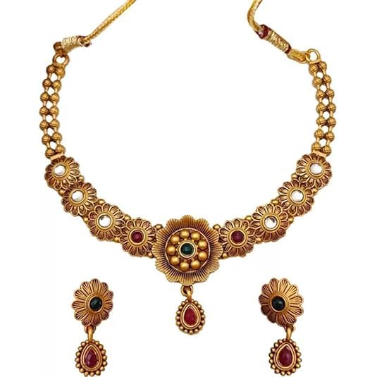 Traditional Necklace Set with Choker, Red Green Stones, Floral Design, Wedding Party Jewellery for Women