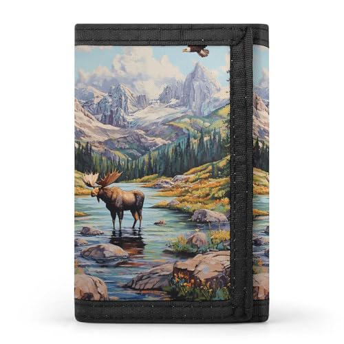 Mooses Crossing Streams Flying Bird Trifold Wallets for Men Women Ultra Thin Card Holder Purse with Zip Coin Pocket