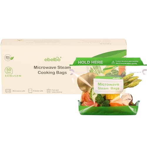 ebelbo 50 Count Microwave Steam Bags 8.8\"x5.8\" for Cooking and Steaming Standing Type Disposable Food Steamer Bags for Vegetables Potatoes Fish and Poultry