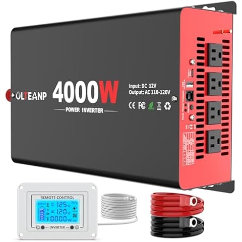 OLTEANP 4000 Watt Power Inverter 12V DC to 110V AC Car Inverter with 4 AC Outlets, 30W Type-C Port, 3.1A USB Port, Remote Controller on LCD Screen, Peak 8000W Car Converter for Truck,Vehicles,Trip Cover