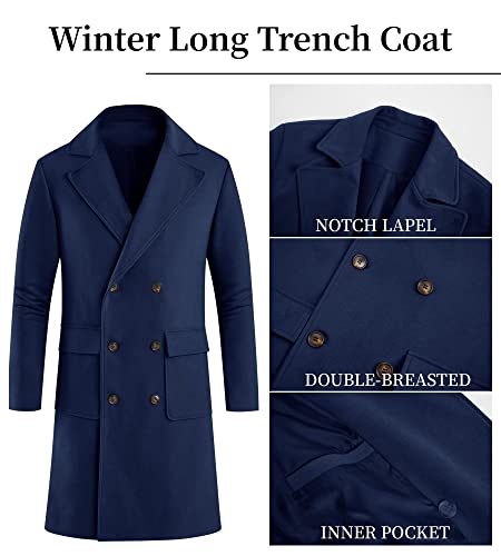 Mens Trench Coat Slim Fit Double Breasted Long Overcoat Classic Fall Winter Topcoat Navy Blue #TOP4