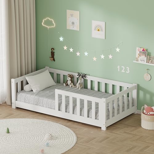 FUSIDE Children's Bed with Full-Length Guardrails Slatted Bed Frame Toddler Floor Bed,Solid Pine Wood,80x160cm