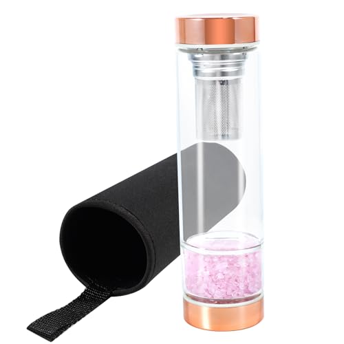 soulnioi Healing Crystal Glass Water Bottle, Natural Gravel Gemstone Crystal Water Bottle Healing Glass Bottles with Tea Strainer&Protective Cup Cover, for Spiritual Healing (Rose Quartz)