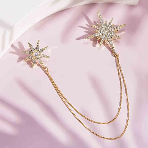 Image of Gold Crystal Star Chain Tassel Brooch Pin for Women Men,Glitter Rhinestone Lapel Pins Dress Suit Accessories,Silver Wedding Anniversary Fringe Brooch