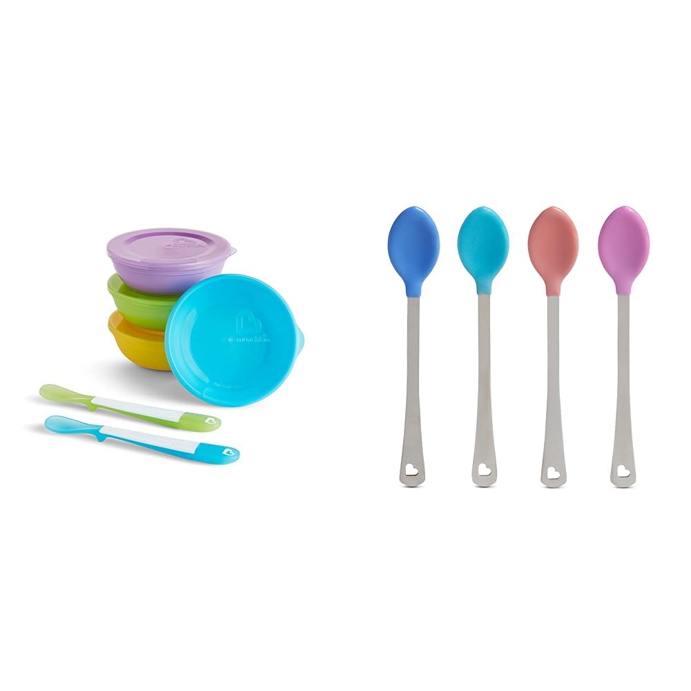 MunchkinLove-a-Bowls™ 10 Piece Baby Feeding Set, Includes Bowls with Lids and Spoons, Multicolor & White Hot® Safety Baby Spoons, 4 Pack
