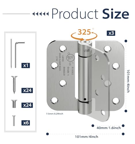 ISOKER 3-Pack Self Closing Door Hinges, 4 Inch Spring Loaded Door Hinges, Adjustable Tension for Exterior,Garage, Front Back Door,Left Right Hand Door, 5/8'' Radius Corners,UL Listed,Brushed Nickel by ISOKER - Image 2