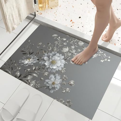 Paillasson d'entrée gris 50x80cm lavable avec motif fleur