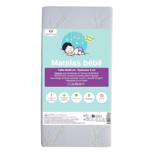 Easy Dort – Colchón de cuna de 40 x 80 cm – Cuna, capazo o cuna – Funda de bambú | Verano e invierno | Doble cara | Muy cómoda | Fabricación francesa 40 x 80 cm | Blanco