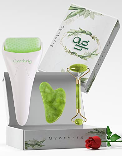 Face Ice Roller Jade & Gua Sha Set Gifts For Women Mom Mothers Day Facial Puffy Eyes Massage Natural Cooling Anti Wrinkle Skin Care Travel Tools Treatment For Puffiness Migraine Pain Relief Relaxing #TOP5