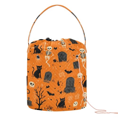 Image of ElliTarr Crochet Bag Yarn Bag with Handle Portable Knitting Project Bag Travel Yarn Storage Organizer Holder Case Halloween Orange Skeletons Cat Bats Tombstones Trees