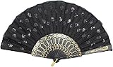 Hithop Hand Fan (Black) - Elegant Fabric Folding Hand Fan - Snaps Open, Easy to Handle. Cools effort