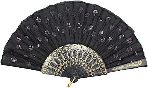Hithop Hand Fan (Black) - Elegant Fabric Folding Hand Fan - Snaps Open, Easy To Handle. Cools Effortlessly. Perfect Ballet And Dance Fan. #TOP9