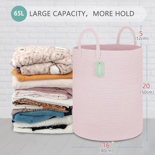 Image of Large Cotton Rope Laundry Hamper for Girls Kids 65L, Light Pink