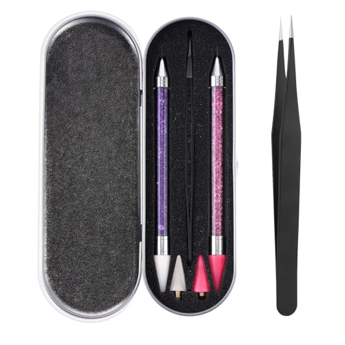 Prasacco 2 PCS Nail Rhinestone Picker Tool, Rhinestones Applicator Rhinestone Dotting Wax Pen Rhinestone Pickup Applicator Tool with 2 Replaceable Wax Head, 1 Tweezer and Metal Box for DIY Nail Art