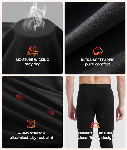 Men's Heavyweight Thermal Underwear Long Johns Bottom with Soft Wool Lining, Warm Base Layer Pants for Cold Weather