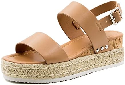 Athlefit Women's Espadrilles Sandals Ankle Strap Buckle Wedge Sandal Open Toe Studded Platform Sandals Khaki 41