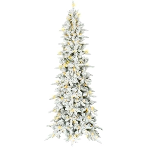 Fraser Hill Farm 6.5-ft. Slim Mountain Pine Snowy Christmas Tree with Dual Multicolor & Warm White LED Lights, Artificial Flocked Tree Perfect for Family Room, Living Room, or Dens