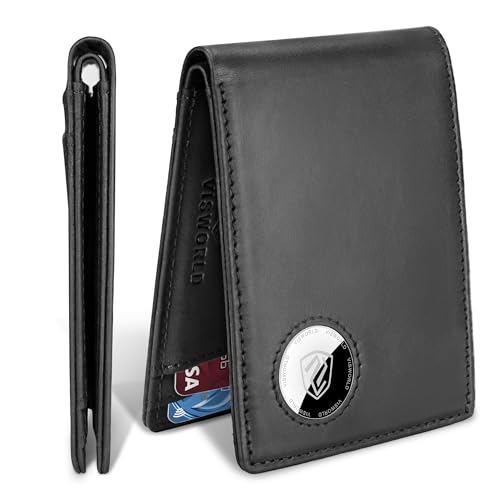 VISWORLD AirTag Wallet Men, Bifold Genuine Leather Rfid Blocking Mens Wallet for Apple AirTag, Wallet with AirTag Holder Cash Slots ID Window