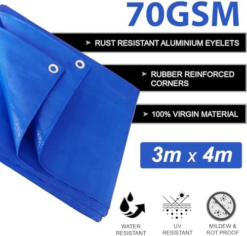 ANSIO Tarpaulin 3m x 4m Water-resistant Tarp with Reinforced Eyelets - Blue - View 4
