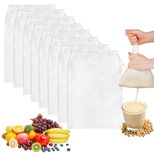 EOPUOZS 8 Bolsas Reutilizables para Leche de Frutos Secos, Colador de Nailon Fino con Cordón, Bolsas Lavables para Leche de Almendras, Yogur, Zumo, Queso y Café