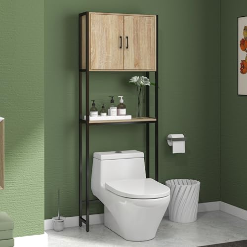 Miniatura 8 de Kleankin Mueble Sobre Inodoro, Organizador Sobre Wc Con 2 Puertas, Estante Ajustable, Estante Abierto, Estantería De Baño Encima Wc Para Espacio Pequeño, 64x19x178 Cm, Natural