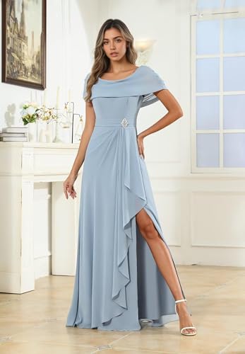 Long Chiffon Mother of The Bride Dresses with Front Slit Empire Waist Ruffles Scoop Neck Corset Plus Size3