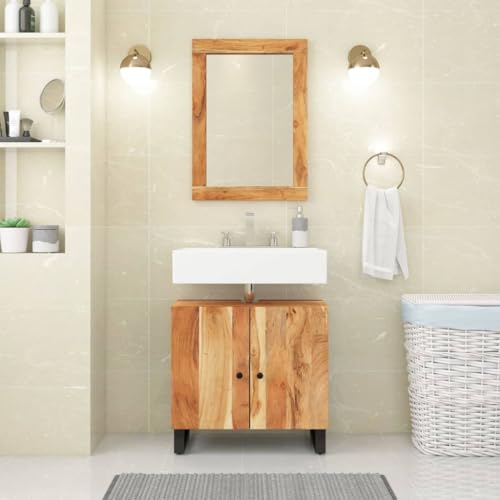 Nqyjm Armario de baño con 2 puertas y espejo, juego de 2 muebles de baño de madera maciza de acacia, armario de almacenamiento, armario de baño, armario para baño, cocina, lavandería