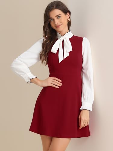 Image of Allegra K Tie Neck Dresses for Women's 1960s Vintage Long Sleeve Contrast Color Dress