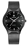 MASTOP Men Watch Ultra Thin Watches Stainless Steel Mesh Band Quartz Wristwatch Fashion Date Waterproof Watches (Black)
