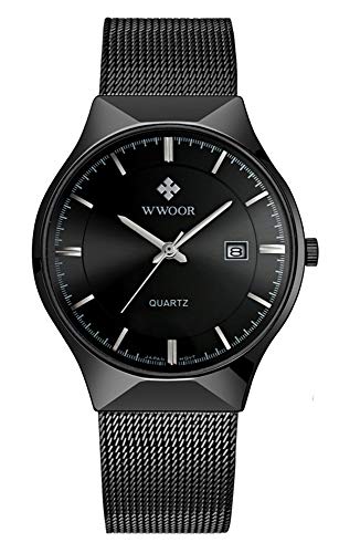 MASTOP Men Watch Ultra Thin Watches Stainless Steel Mesh Band Quartz Wristwatch Fashion Date Waterproof Watches (Black)