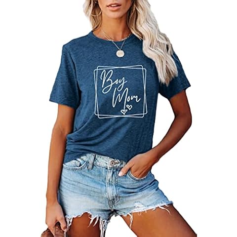 Boy Mom Shirts Women Love Heart Graphic T Shirt Boy Mom Letter Print Short Sleeve Cute Shirt for Mama Tee Top, Blue, Small Cover
