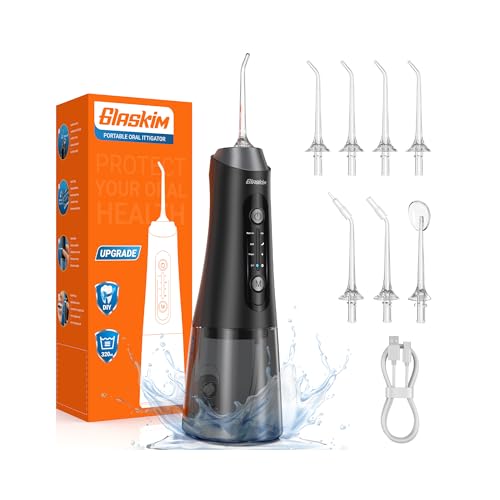 Jet Dentaire Hydropulseur et Irrigateurs Oral - 320ML Réservoir Grande Capacité, 4 Modes de Nettoyage, 8 Buses Interchangeables, IPX7 Étanche, Portable pour Maison & Voyage, Noir Obsidienne