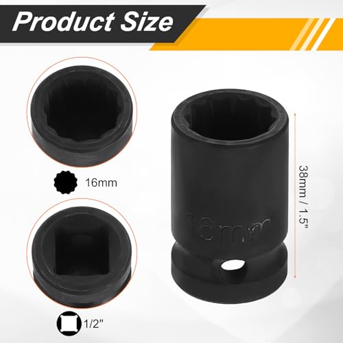 Image of HARFINGTON 2pcs 1 /2 inch Drive x 16mm Shallow Impact Socket 12-Point Metric CR-V Steel Spindle Nut Impact Flip Sleeve for Home Auto Nuts Bolts Repair
