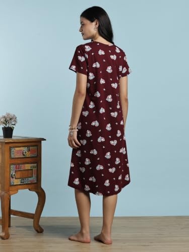 Image of 9shines Label Hosiery Cotton Knee Length Short Night Dress | Short Nighty for Women with Pocket | Graphic Print Nightwear | Night Gown for Women (M-7XL)