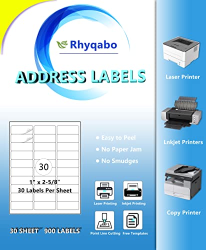 Rhyqabo Address Labels 1" X 2-5/8" 30 Sheets 900 Labels，Mailing Labels For Laser And Inkjet Printers,Address Labels For Printer 8.5" × 11" White,Strong Adhesive #TOP7