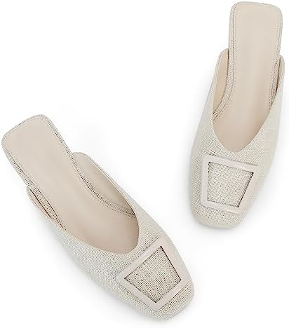 Women's Flat Linen Mules Ladies Square Buckle Decor Closed Square Toe Backless Slip on Slides Loafer Shoes Beige