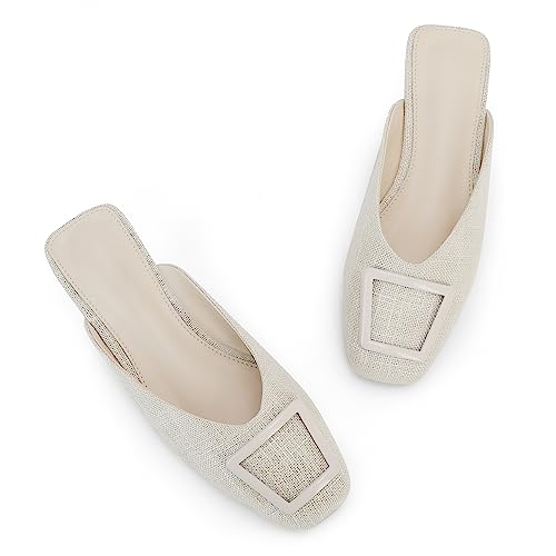 Women's Flat Linen Mules Ladies Square Buckle Decor Closed Square Toe Backless Slip On Slides Loafer Shoes Beige #TOP10