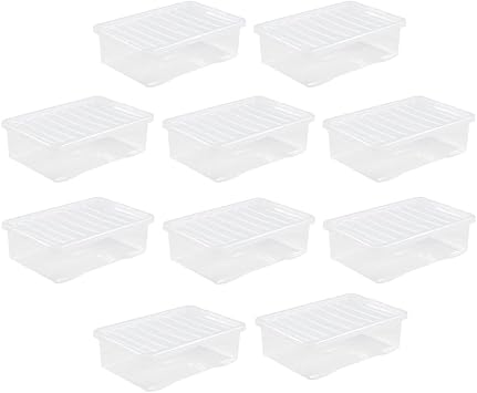 Set of 10-32L Litre Clear Plastic Storage Box With Crystal Lids Home Office Stackable Nestable Container Made in U.K 32L Litre