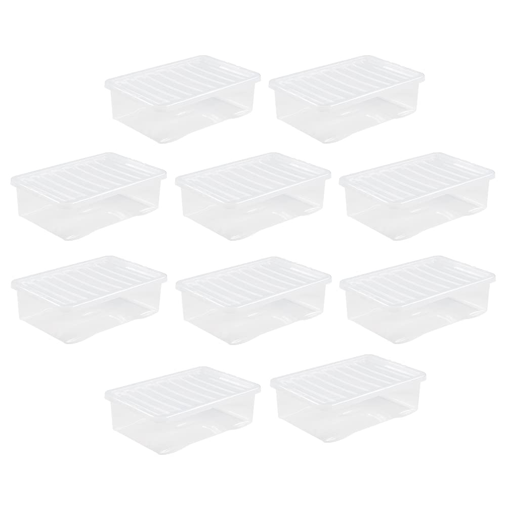M1SS (Set of 10-32L Litre Clear Plastic Storage Box With Crystal Lids Home Office Stackable Nestable Container Made in U.K (32L Litre)