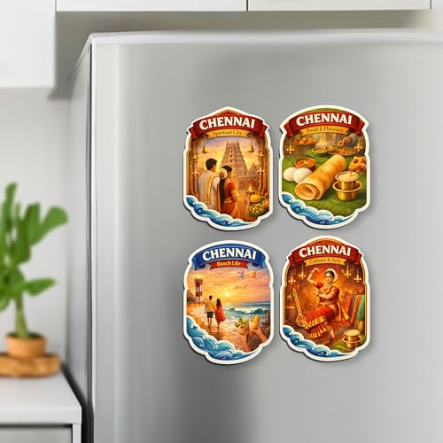 Image of Regalo Casila Chennai Tourism Souvenir Fridge Magnets Set of 4 Spiritual City Food Flavours Beach Life Culture Arts Tamil Nadu Decorative Refrigerator Magnets