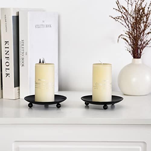 Iron Plate Candle Holder,2Pack Decor Iron Pillar Candle Holders Plate Tray Black Retro Candlestick Holders LED Wax Candles Stand for Wedding Incense Cones Spa Pray Home Party Decoration (BlackA)