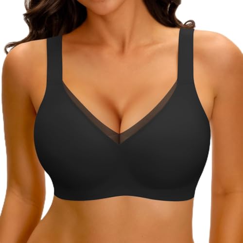 LUCKMEEY Jelly Wireless Bras for Women V Mesh Bralette with W-Shape Support, No Underwire Seamless Wide Strap T-Shirts Bra