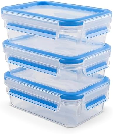 EMSA Clip & Close Frischhaltedosen-Set, rechteckig, 3 x 1 L, mit Deckel, Aufbewahrungsboxen, 100 Prozent dicht, spülmaschinen-, gefrier-, mikrowellenfest, Transparent, Blau, Made i