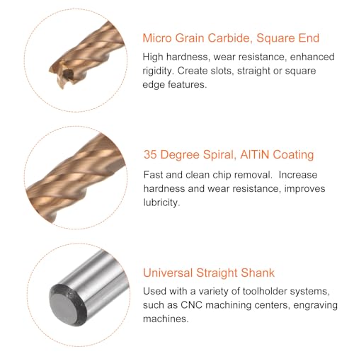 Image of HARFINGTON Micro Grain Carbide Square End Mill 1 /8 inch x 11 /32 inch (3mm x 9mm) Cut 1 /8 inch (3mm) Shank 2 inch (50mm) Length AlTiN Coated 4 Flutes Square Nose Cutter for Alloy Steel Hardened Steel