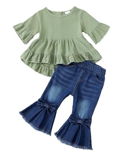 Image of Kucnuzki Toddler Baby Girls Clothes Long Sleeve Shirt Top Flare Denim Jeans Cute Outfit Baby Girl Fall Winter Clothes